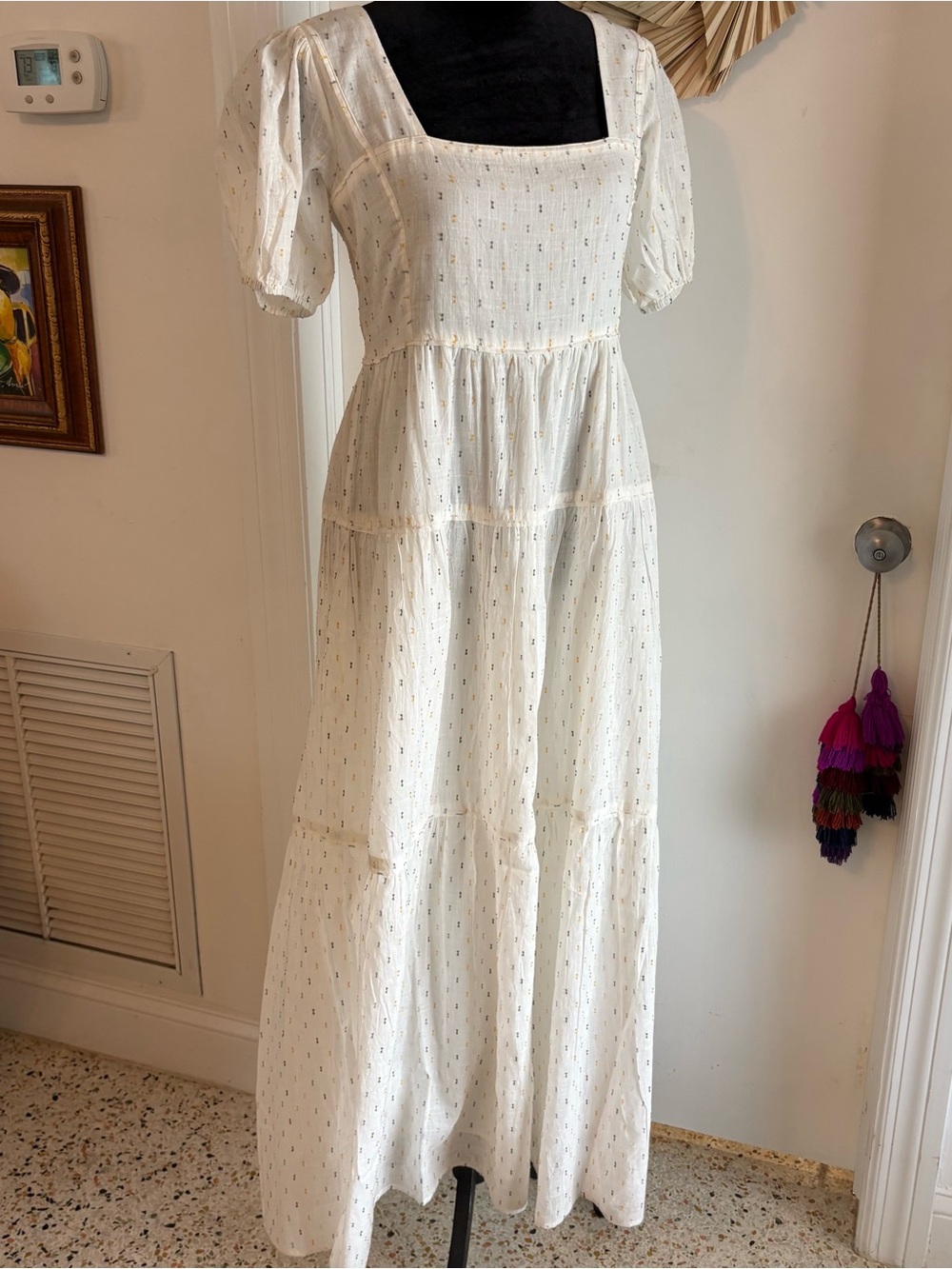 SADIE & SAGE White Maxi Tired Cotton Dress with puff Sleeves! NEW! Size Small